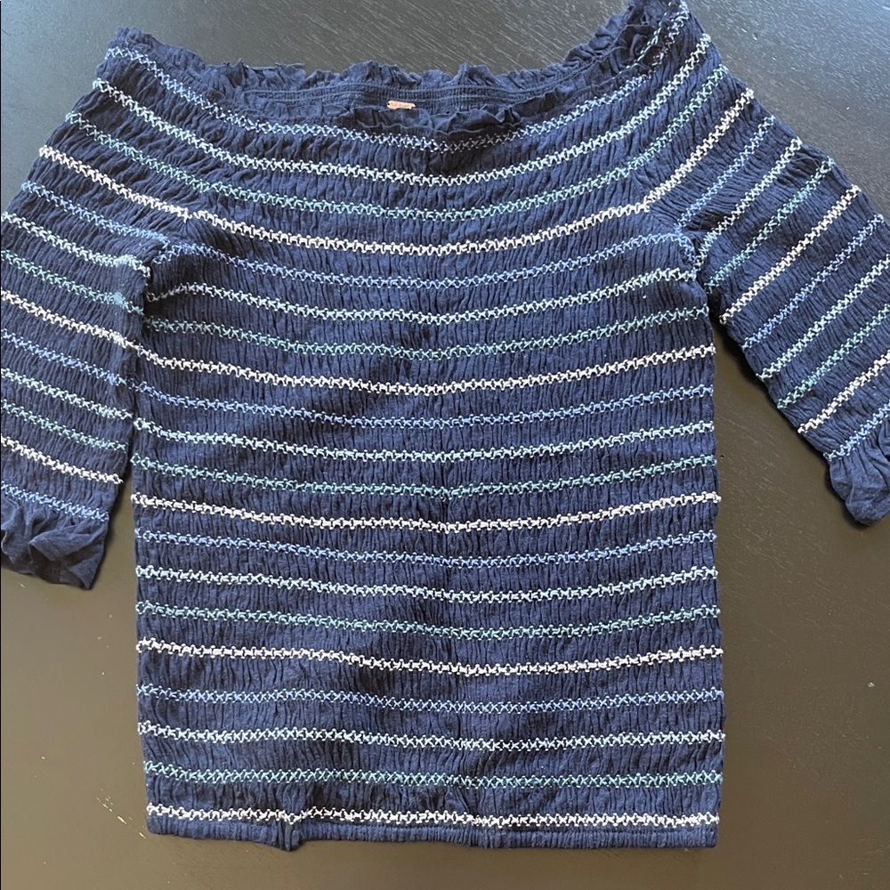 Free People Navy and White Off-Shoulder Sweater